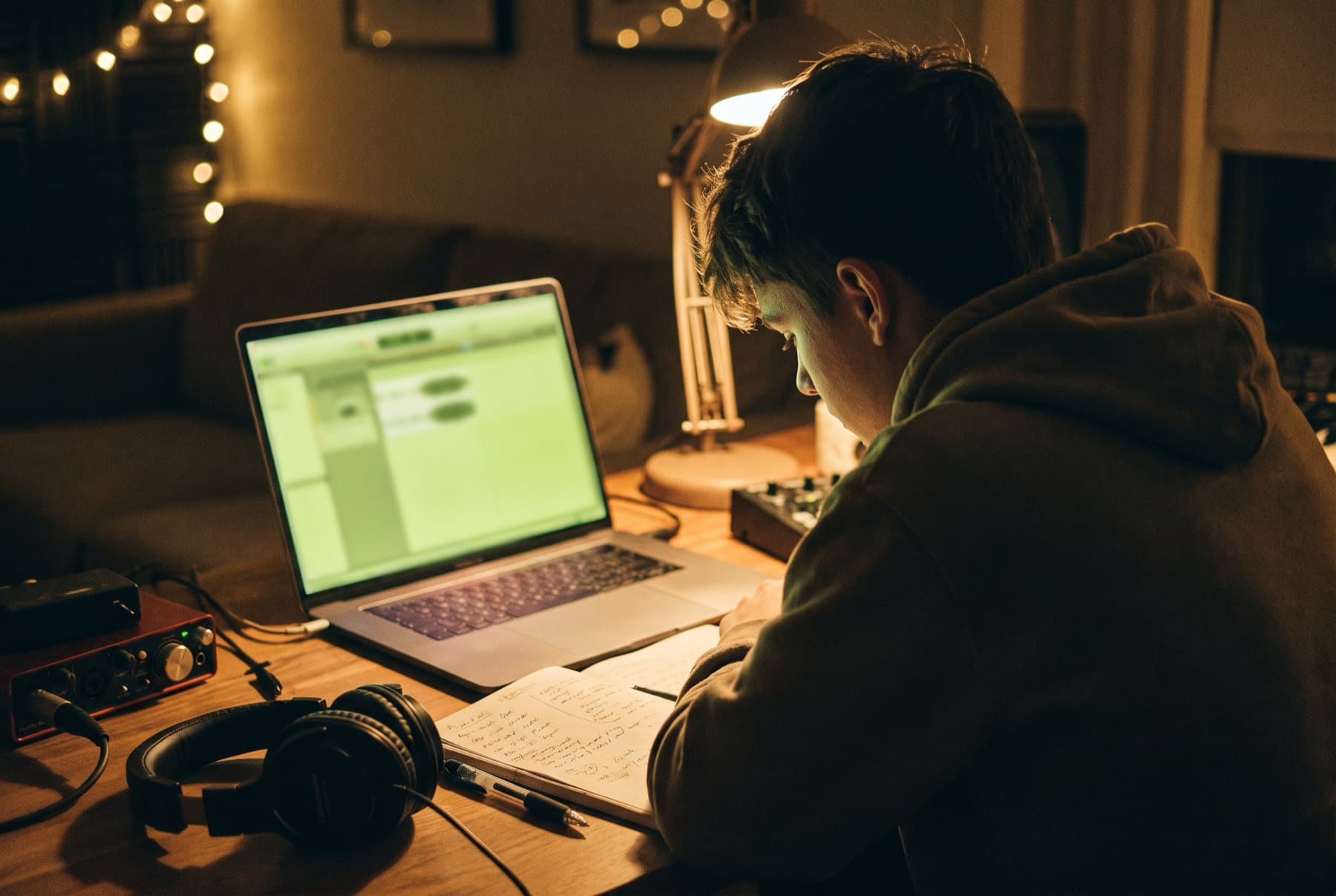 A music artist studying at night, taking notes beside a laptop running music software in a cozy home studio.