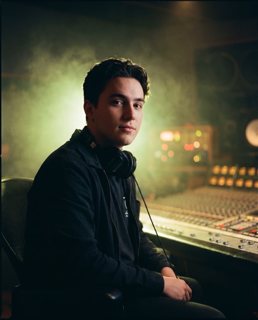 A young music artist with headphones around their neck, seated at a mixing console in a dimly lit studio.