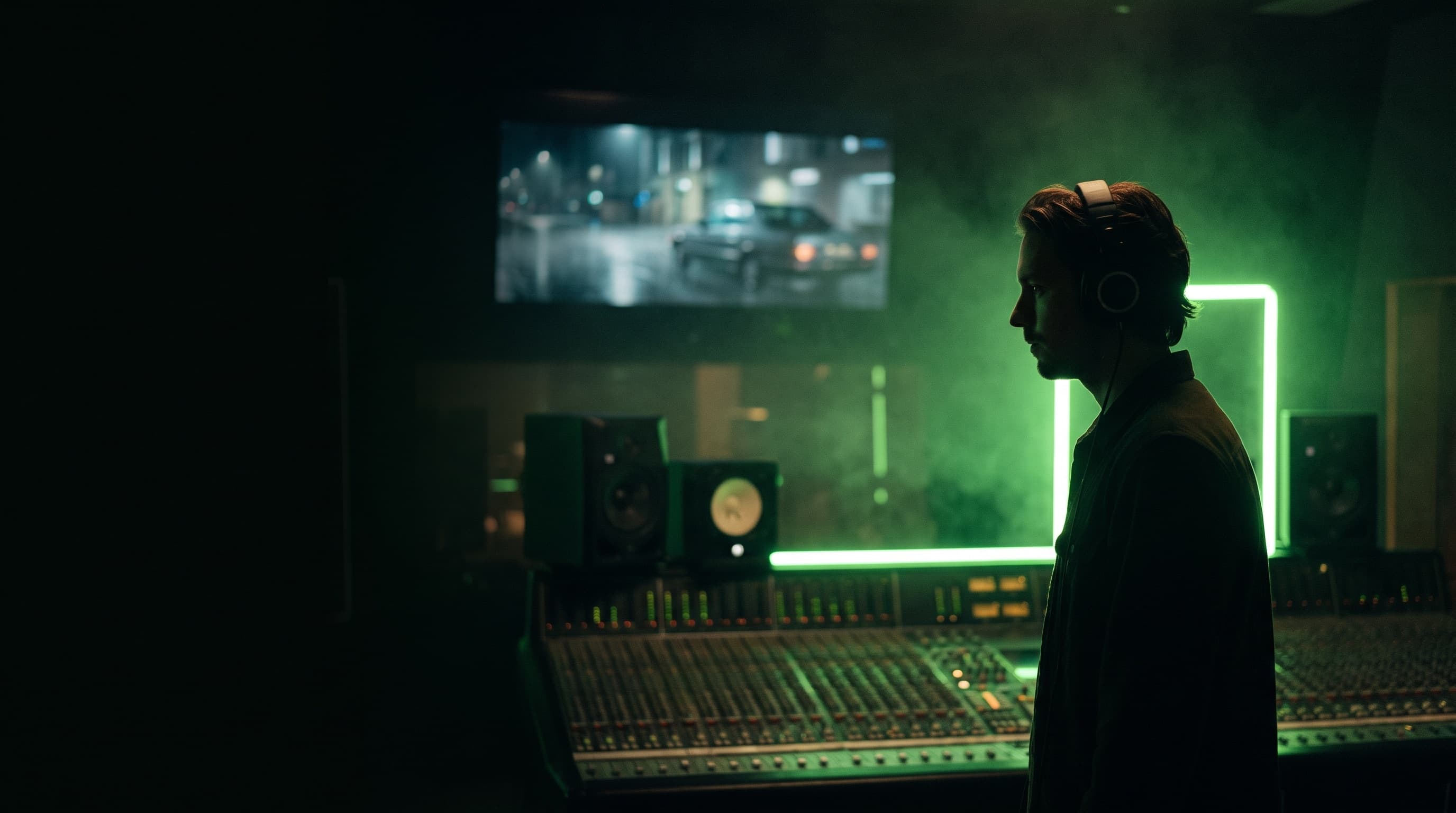A music producer in a dark studio wearing headphones, with a film scene playing on a screen behind them — music made ready for TV and film.