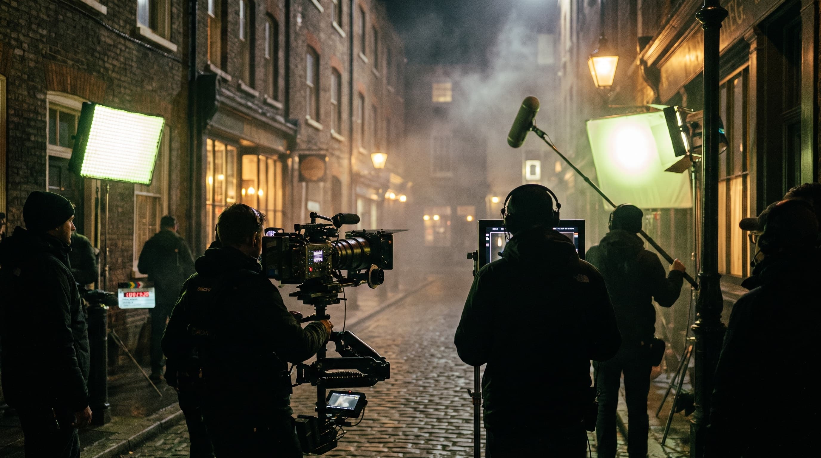 A film crew shooting a moody night street scene — the kind of moment a synced song plays under.
