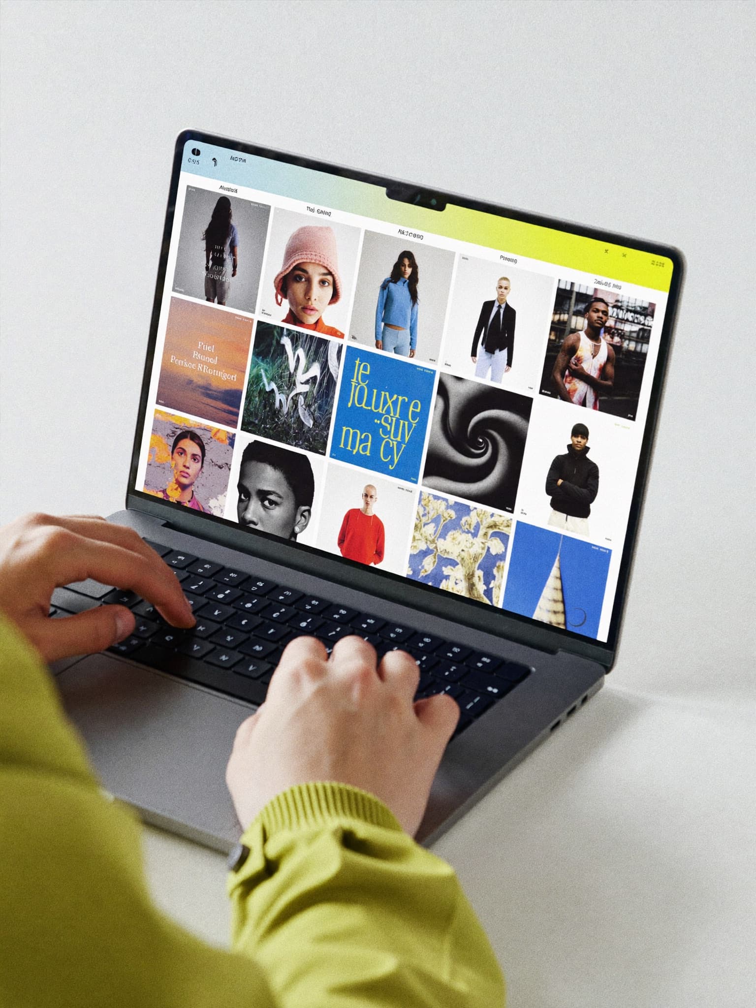 Close-up of an artist's hands on a laptop, a colorful grid of album artwork on screen — an organized music catalog.